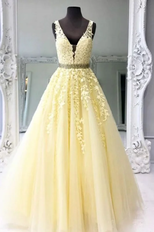 Elegant Yellow Long Prom Dress with Lace Appliques   cg15503