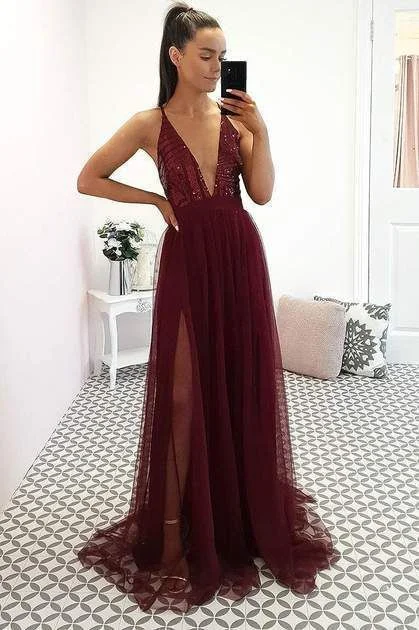 Deep V Neck Long Prom Dress, Straps Tulle Prom Dress   cg15360