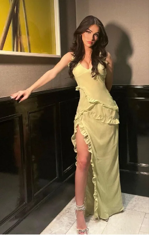 Sexy Spaghetti Straps Yellow Slit Ruffles Evening Dress Long Party Prom Dress cc1719 Sexy Spaghetti Straps Yellow Slit Ruffles Evening Dress Long Party Prom Dress cc1719