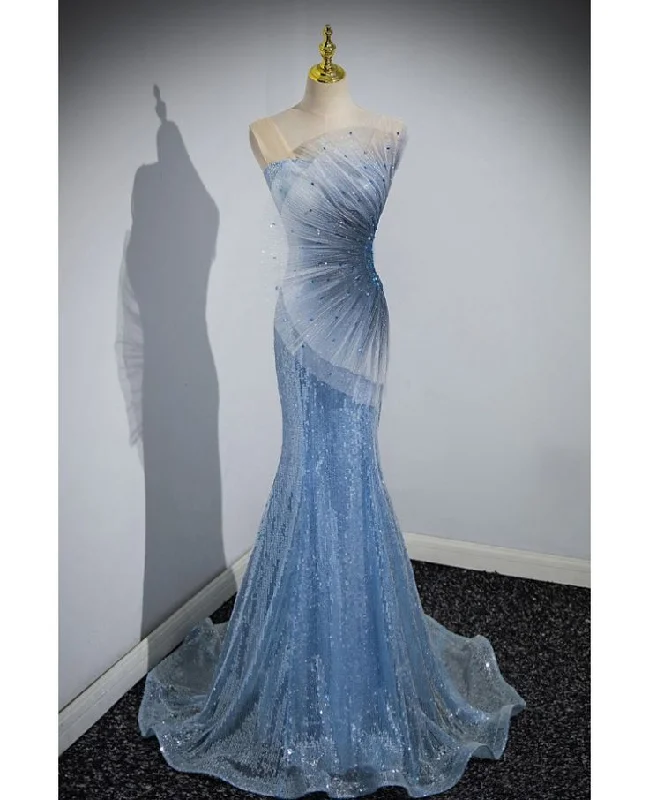 Stylish Mermaid Sequin Blue Scalloped Prom Dress Shiny Party Evening Dress cc1691
