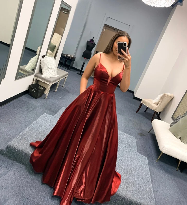 BURGUNDY SATIN LONG PROM DRESS SIMPLE EVENING DRESS   cg15454