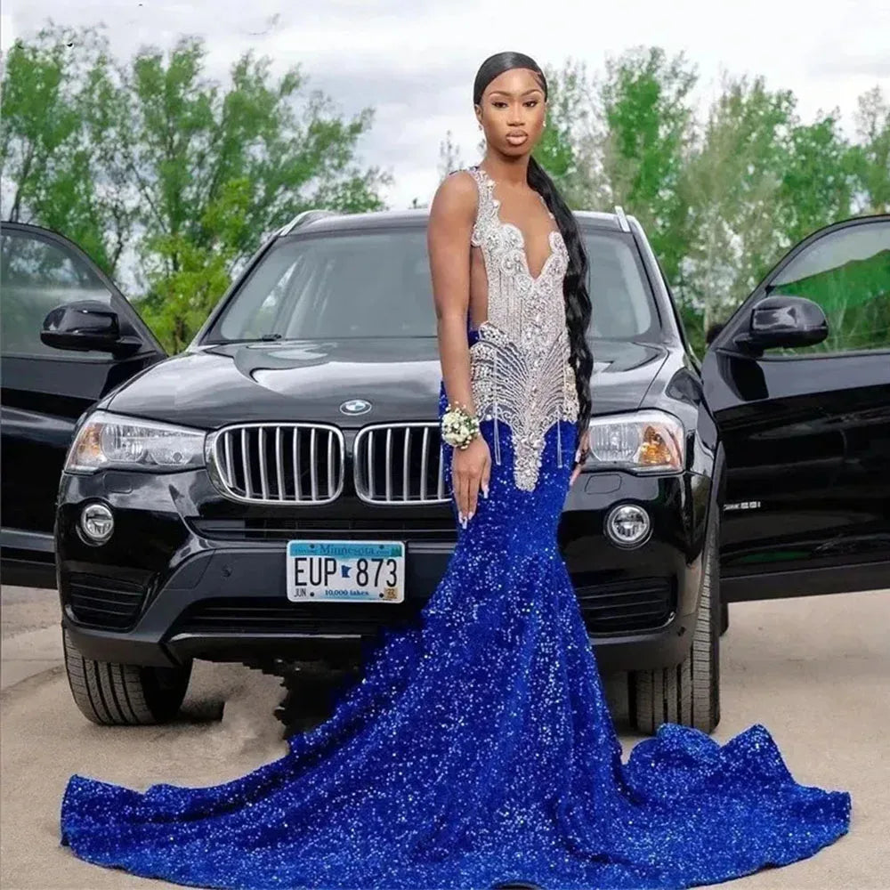 Customized Blue Mermaid Prom Dress For Black Girls Luxury Gold Lace Appliques Sleeveless Brush Train Party Gowns robe de mariée Customized Blue Mermaid Prom Dress For Black Girls Luxury Gold Lace Appliques Sleeveless Brush Train Party Gowns robe de mariée