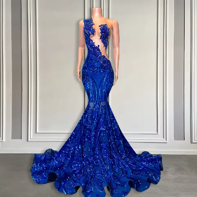 Elegant Royal Blue Mermaid Prom Dress For Black Girl Sparkly Lace Sequined African Women Long Prom Birthday Gowns Customized Elegant Royal Blue Mermaid Prom Dress For Black Girl Sparkly Lace Sequined African Women Long Prom Birthday Gowns Customized