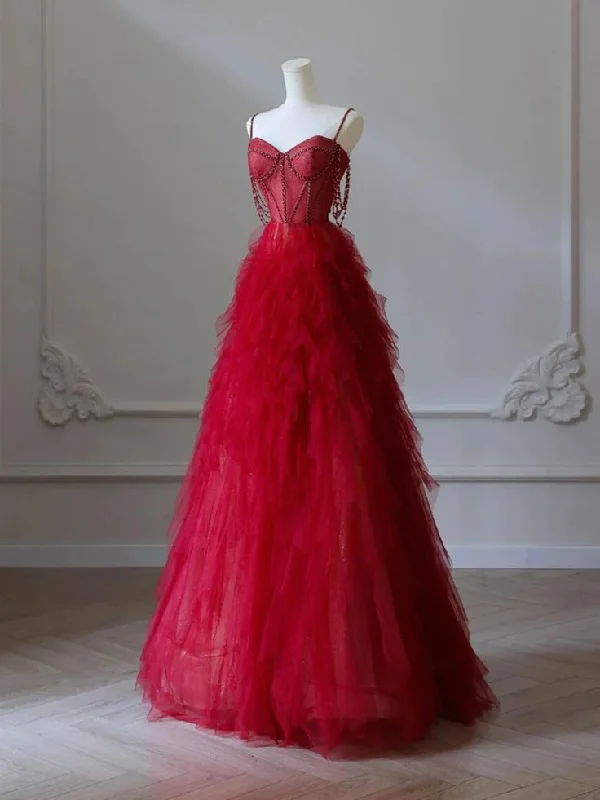 Charming Burgundy Sweetheart Neck Tulle Beads Long Prom Dress A Line Party Evening Gown cc1740 Charming Burgundy Sweetheart Neck Tulle Beads Long Prom Dress A Line Party Evening Gown cc1740
