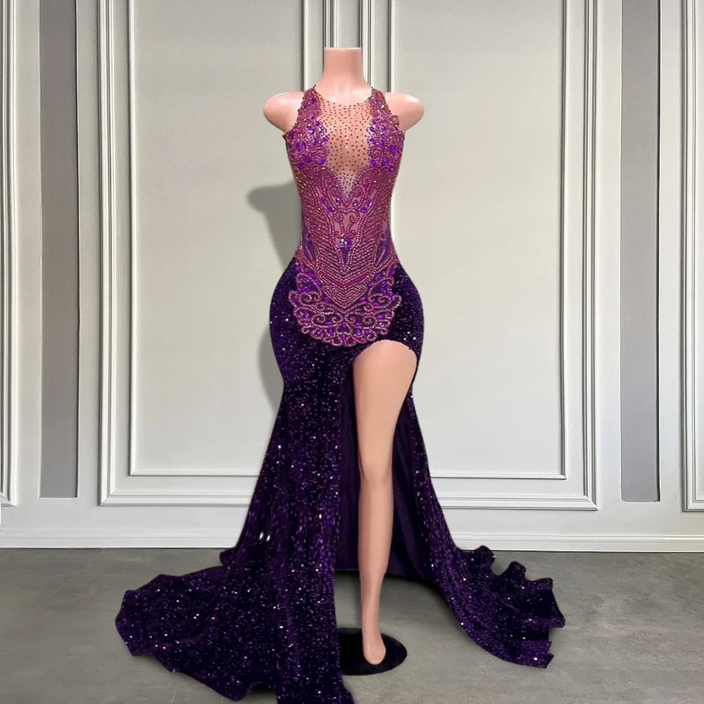 Stunning Purple High Slit Sequin Prom Dresses 2025 Long Beaded Crystals Luxurious Birthday Gowns for Black Girls Customized Stunning Purple High Slit Sequin Prom Dresses 2025 Long Beaded Crystals Luxurious Birthday Gowns for Black Girls Customized
