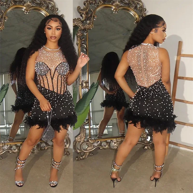 Luxury Rhinestone Pearls Diamonds Feathers Mesh See Through Birthday Party Dress Women's Nightclub Prom Evening Vestidos Luxury Rhinestone Pearls Diamonds Feathers Mesh See Through Birthday Party Dress Women's Nightclub Prom Evening Vestidos