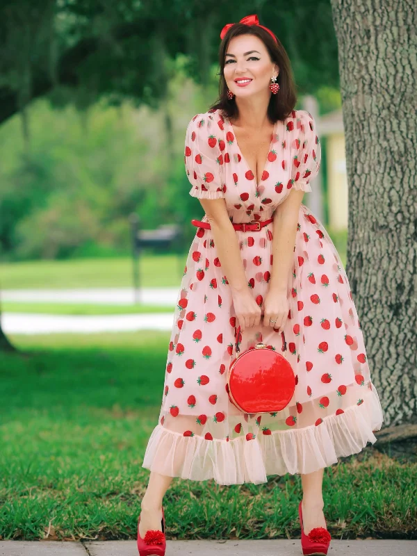 Pink 1950s Lace Strawberry Swing Dress