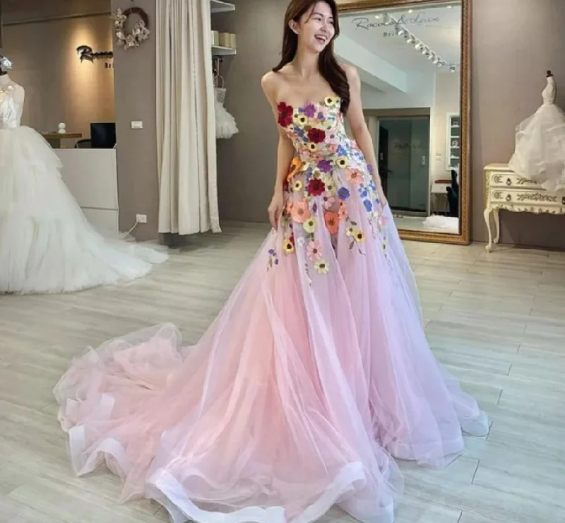 Elegant Long Strapless Pink Tulle Prom Dresses Sleeveless with 3D Appliques A Line Sweep Train Elegant Long Strapless Pink Tulle Prom Dresses Sleeveless with 3D Appliques A Line Sweep Train