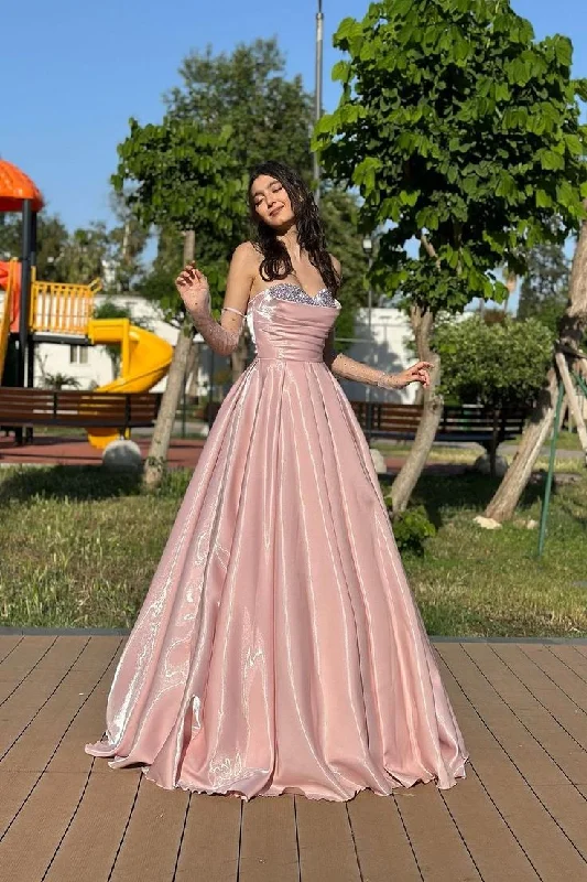 Elegant Pink Satin Beaded Evening Dress Formal Prom Dress With Gloves cc1660