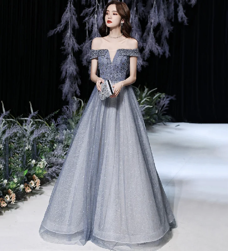 GREY TULLE BEADS LONG PROM DRESS SHINY EVENING DRESS   cg15625