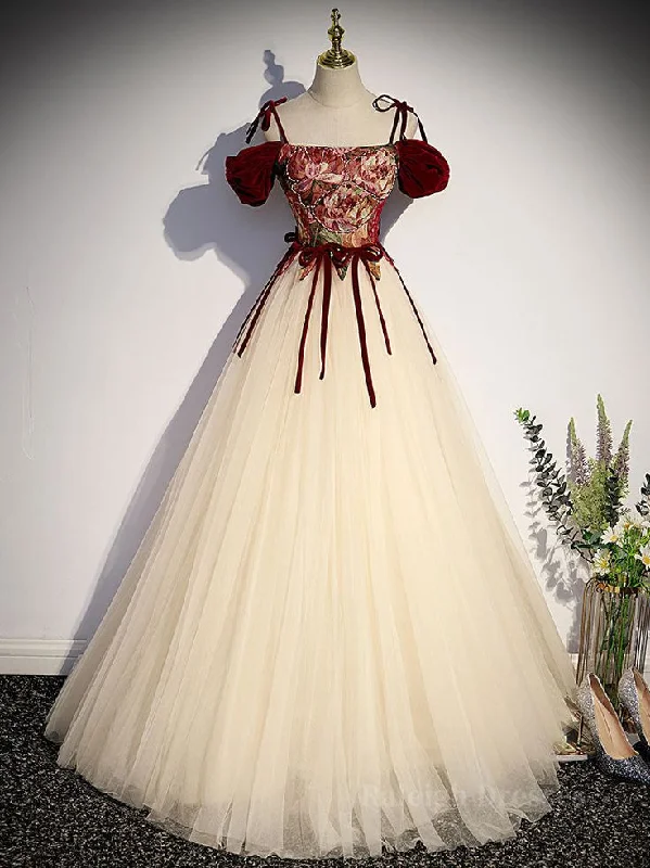Vintage Spaghetti Straps Tulle A Line Evening Dress Elegant Party Gown cc1708