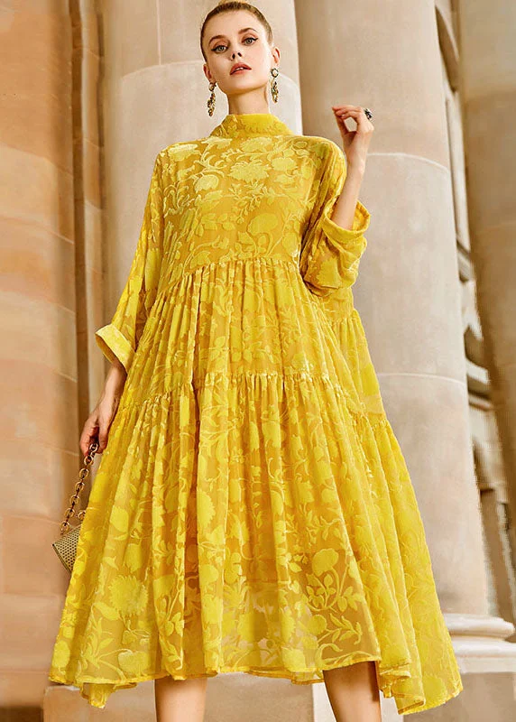 Elegant Yellow Wrinkled Bow Silk Velour Patchwork Long Dress Long Sleeve