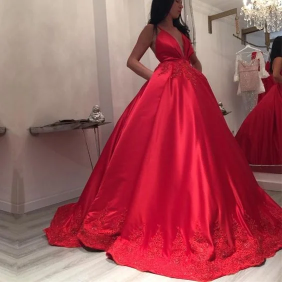Princess Prom Dresses Deep V-neck Long Satin Ball Gowns Wedding Dresses Lace Appliques cg15618 Princess Prom Dresses Deep V-neck Long Satin Ball Gowns Wedding Dresses Lace Appliques cg15618