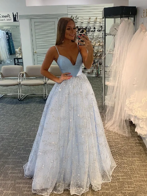 Chic A-line Spaghetti Straps Sky Blue Long Prom Dresses Sparkly Evening Dress CBD033 Chic A-line Spaghetti Straps Sky Blue Long Prom Dresses Sparkly Evening Dress CBD033