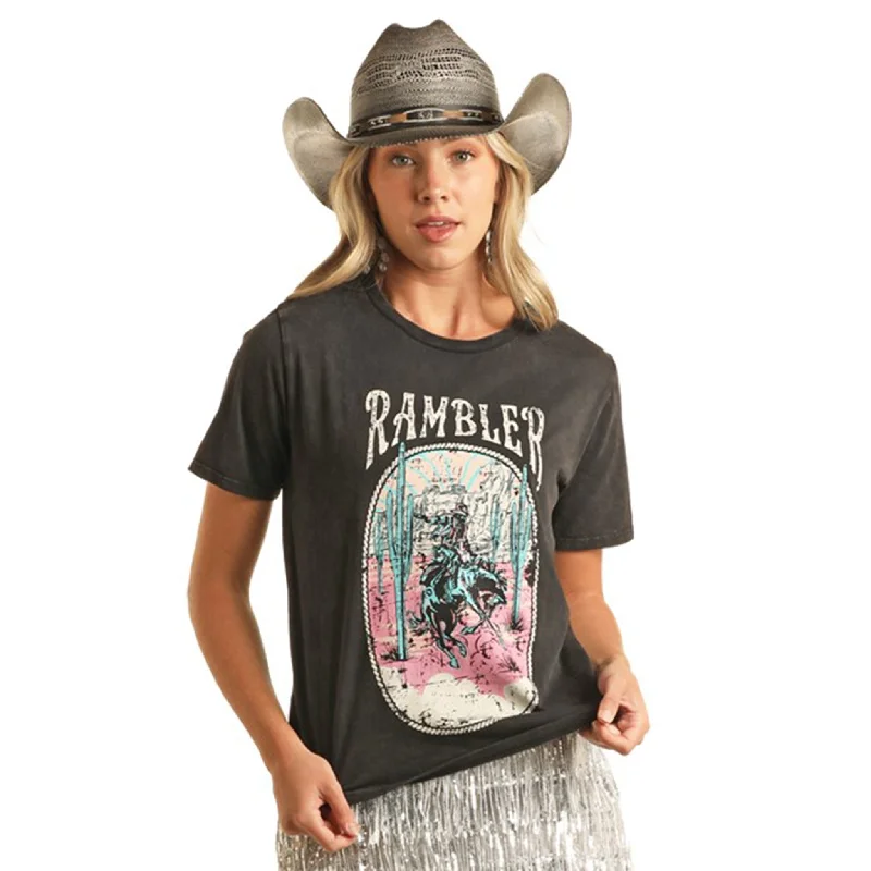 Rock & Roll Women's Black Rambler Graphic Tee Mesh Canvas Denim