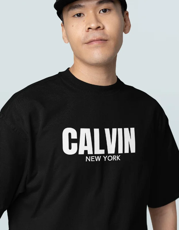 Calvin New York Typography Oversized T-shirt for Men Welt Pockets Slit Pockets Flap Pockets