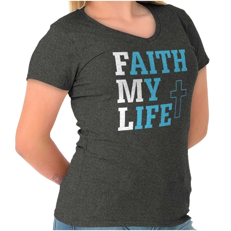 Faith My Life Junior Fit V-Neck T Shirt Ribbed T-Shirt High Neck Heavyweight