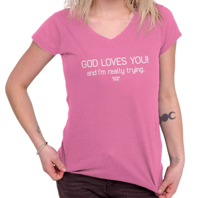 God Loves You Junior Fit V-Neck T Shirt Chenille Fabric Brocade Fabric Lace Fabric