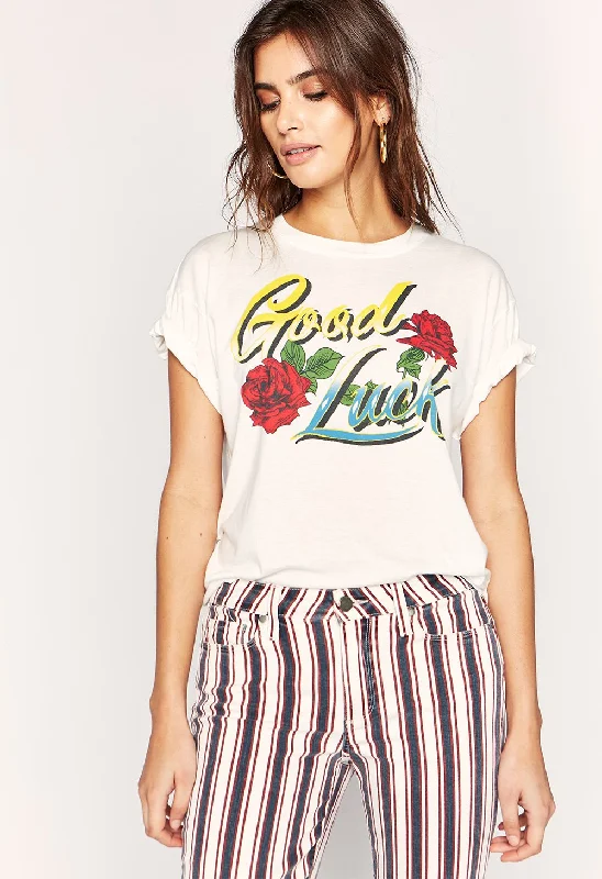 Good Luck Script Boyfriend T-Shirt - Vintage White Handmade Hand-knitted Hand-woven