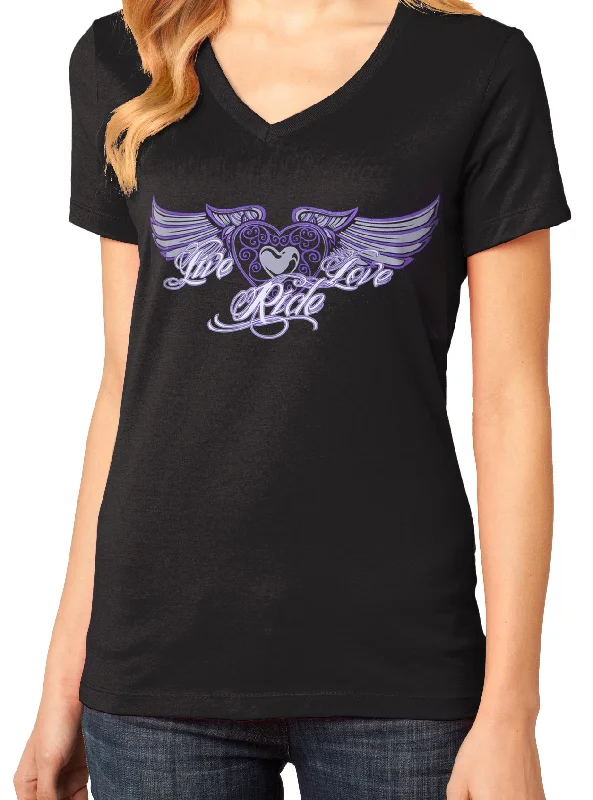 Live/Love/Ride Wing Ladies V-neck Tee, 4 Colors Terry Blend Velvet Blend Canvas Blend