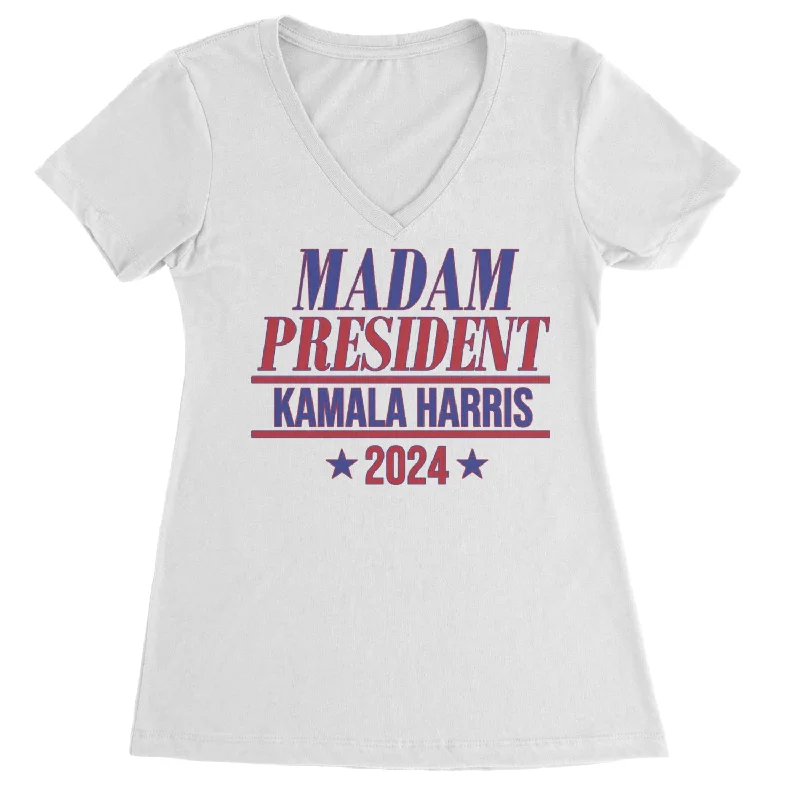 Madam President - Support Kamala Harris For President 2024 Ladies V-Neck T-shirt Houndstooth Herringbone Solid