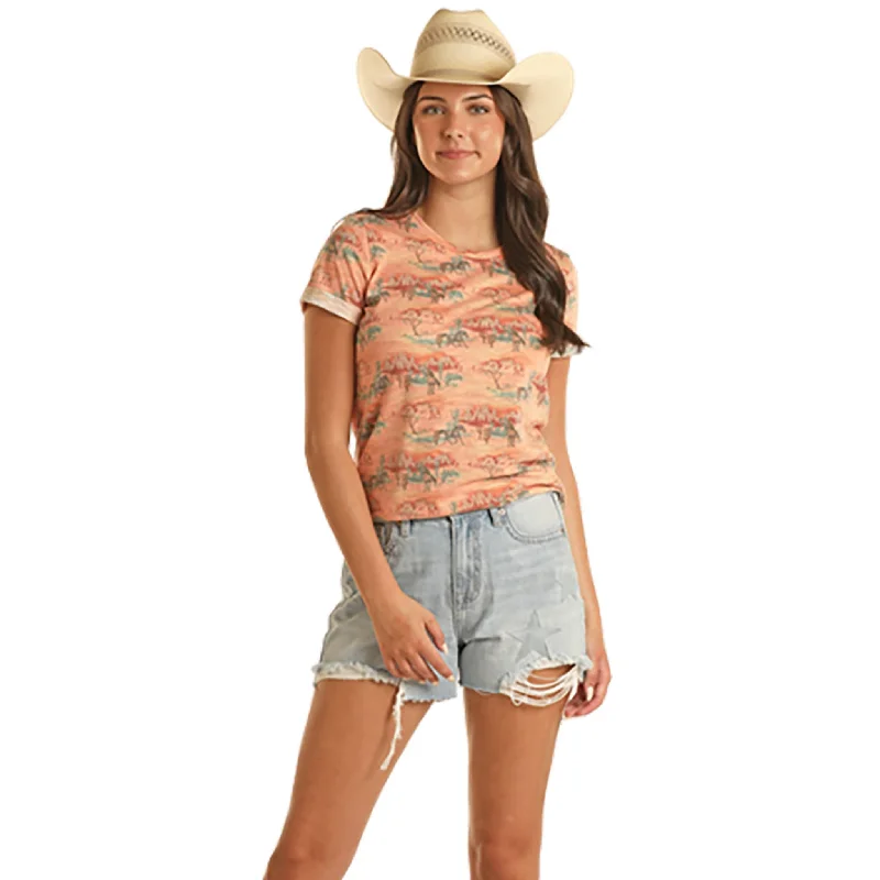 Rock & Roll Women's Peach Desert Scene Tee Welt Pockets Slit Pockets Flap Pockets