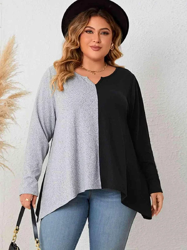 Plus Size Contrast Notched Neck T-Shirt Chenille Brocade Lace