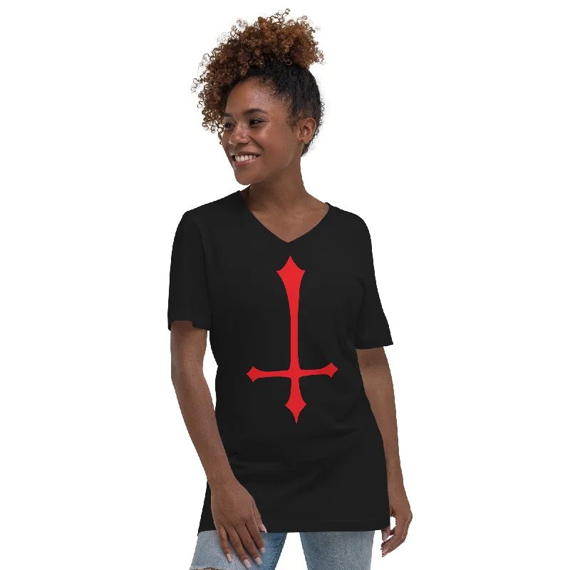 Red Inverted Satanic Unholy Cross Women’s Short Sleeve V-Neck T-Shirt Chenille Brocade Lace