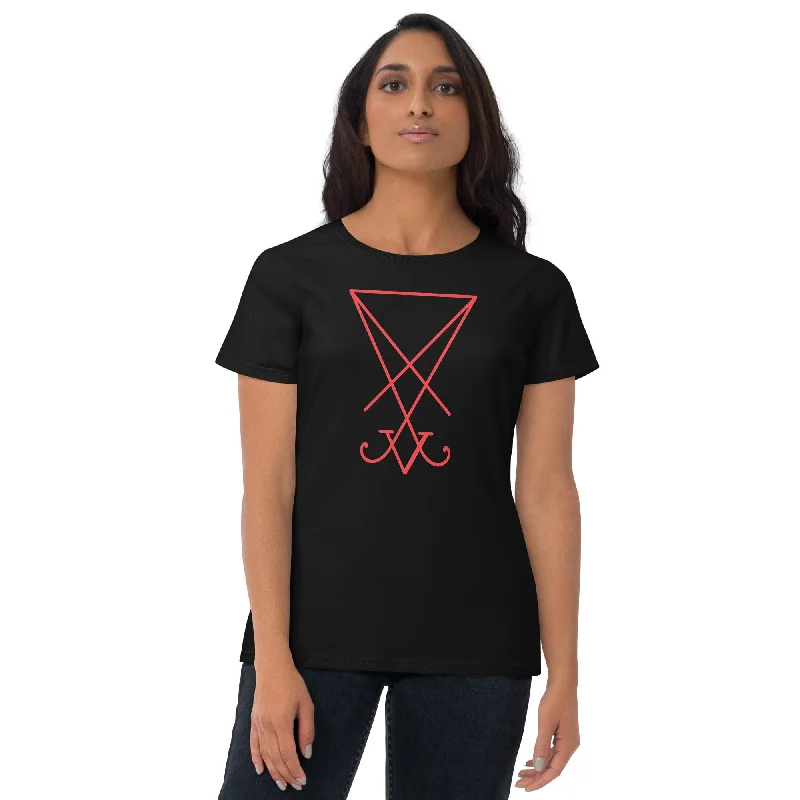 Red Sigil of Lucifer (Seal of Satan) The Grimoire of Truth Women's Short Sleeve Babydoll T-shirt Notch Collar Peter Pan Collar Cowl Neck