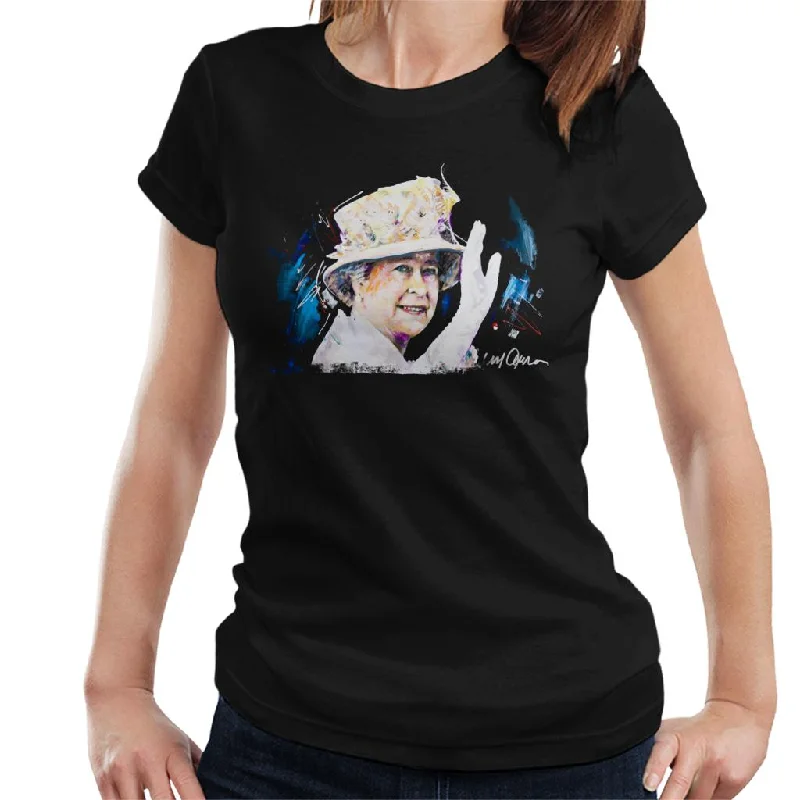 Sidney Maurer Original Portrait Of Queen Elizabeth Floral Hat Women's T-Shirt Welt Pockets Slit Pockets Sidney Maurer Original Portrait Of Queen Elizabeth Floral Hat Women's T-Shirt Welt Pockets Slit Pockets
