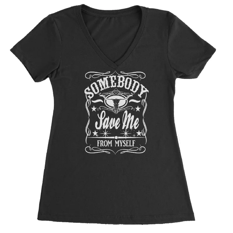 Somebody Save Me From Myself Son Of A Sinner Ladies V-Neck T-shirt Front Pockets Side Pockets Patch Pockets