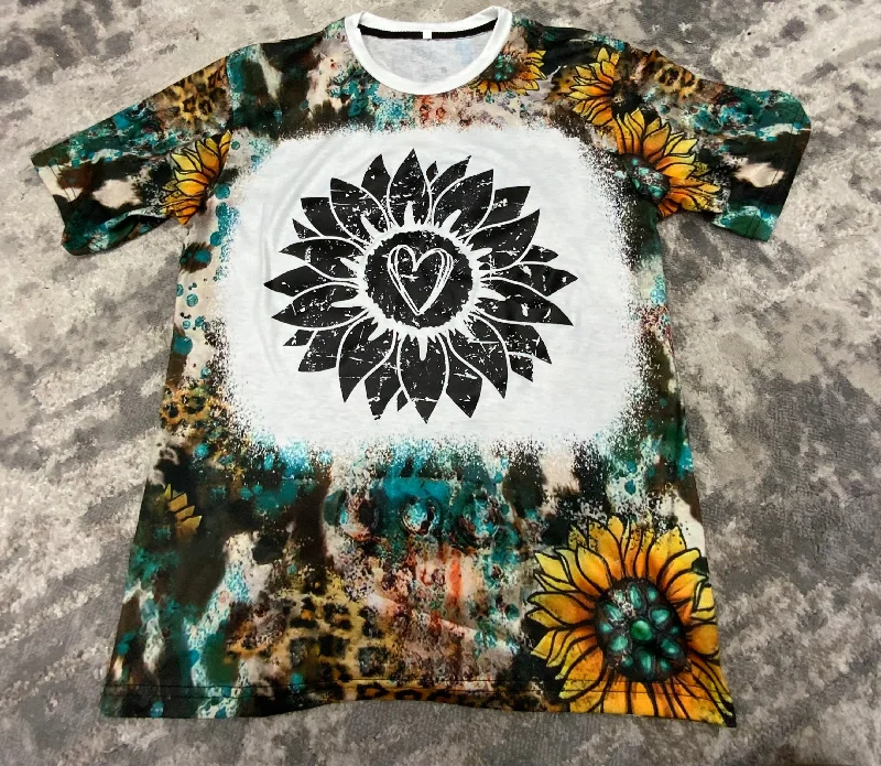 Sunflower T-shirt-Teal Color-Cow, Cheetah, Sunflower Bleached Printed Collared Crew Neck Turtle Neck Sunflower T-shirt-Teal Color-Cow, Cheetah, Sunflower Bleached Printed Collared Crew Neck Turtle Neck
