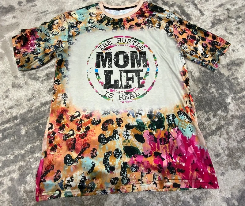 THE HUSTLE IS REAL MOM LIFE-Colorful Cheetah Bleach Printed T-shirt Mesh Blend Leather Blend Suede Blend