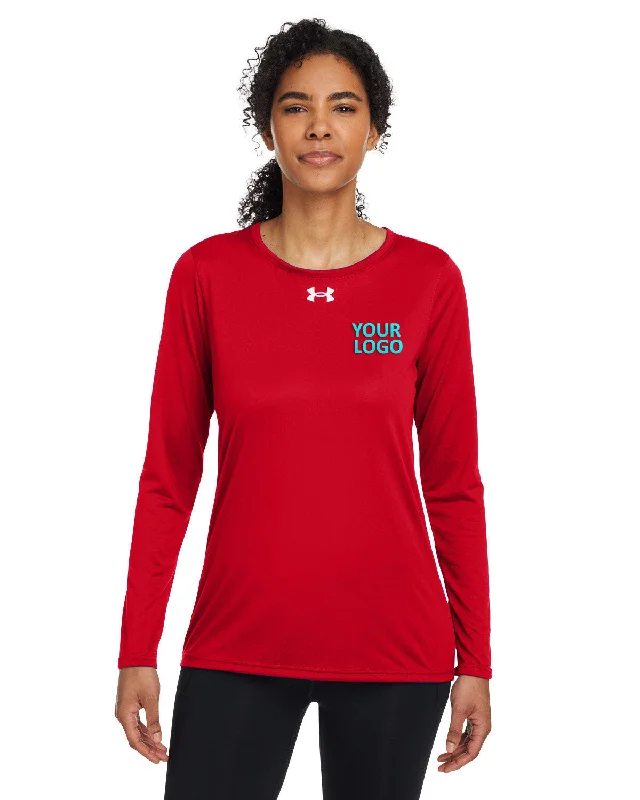 Under Armour Ladies Tech Long-Sleeve Customized T-Shirts, Red Denim Fabric Leather Fabric Suede Fabric