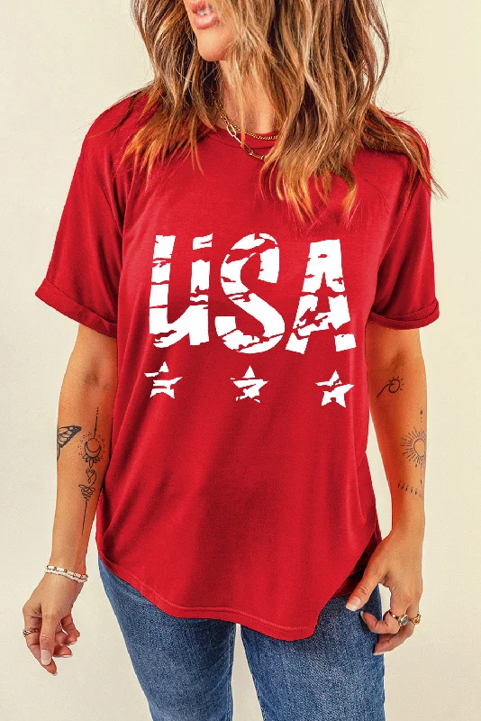 Red USA Ladies T-Shirt Print Jacquard Patchwork