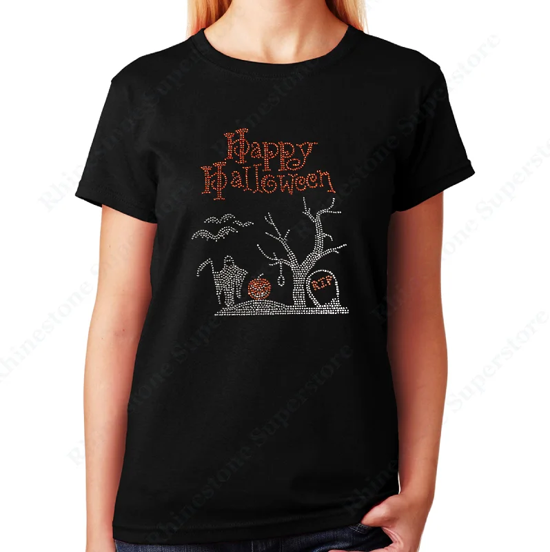 Women's / Unisex T-Shirt with Happy Halloween Graveyard Scene in Rhinestones Seamless Knitted Crochet