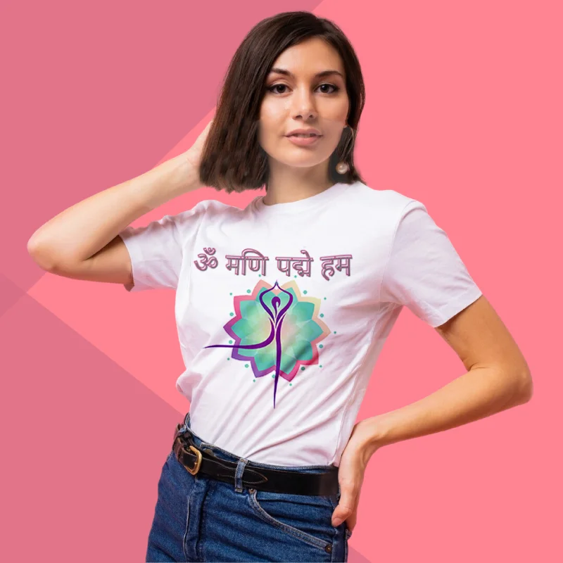 Yogasan Sanskrit Print Women's White T-Shirt - Spiritual t-shirt Satin Blend Silk Blend Wool Blend Yogasan Sanskrit Print Women's White T-Shirt - Spiritual t-shirt Satin Blend Silk Blend Wool Blend