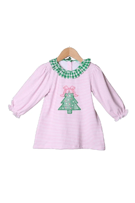 Pink Stripe Applique Christmas Tree Dress