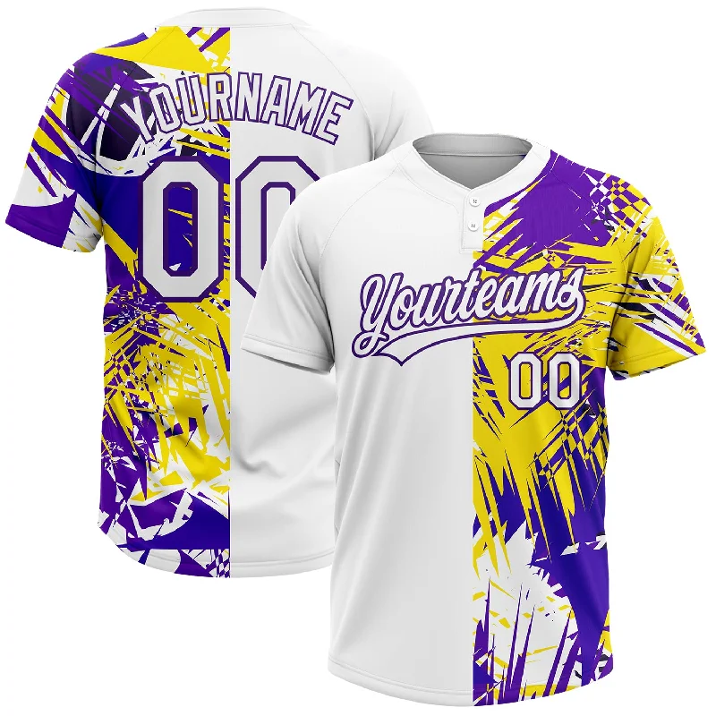 Custom White Purple 3D Pattern Tropical Palm Leaves Two-Button Unisex Softball Jersey Olive Green Jersey Tee