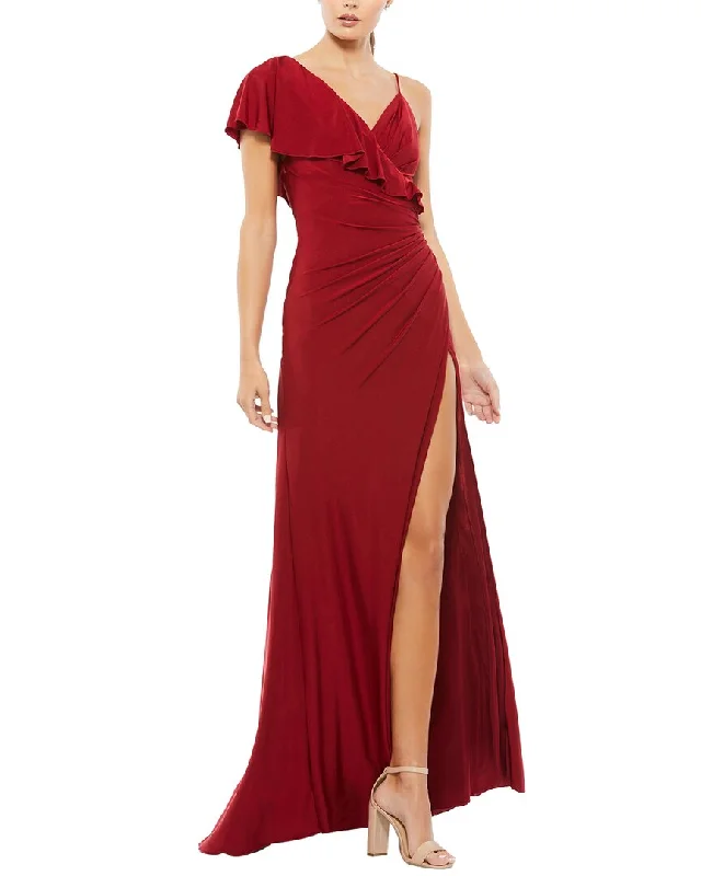 Mac Duggal Asymmetric Jersey Ruffled Cap Sleeve Gown Lightweight Jersey Top